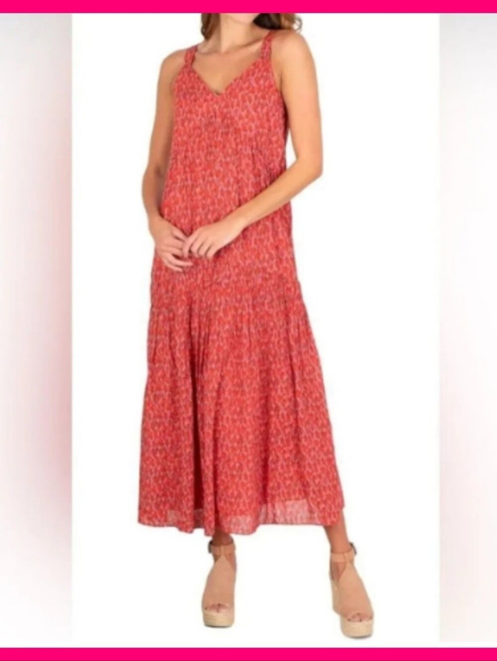 REVOLVE Joie Coral Pink Red V-Neck Tiered Maxi Dress Medium Summer Vacation